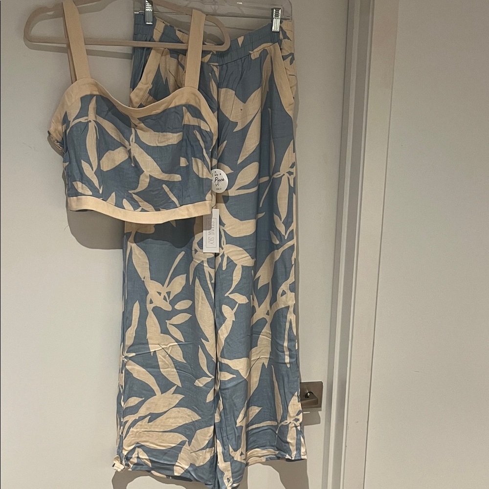 Sienna Sky Blue and Cream Wide Leg top and pant matching set